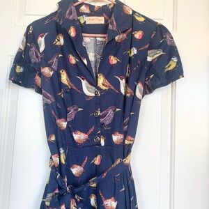 Bird Print Button-Up Dress in Navy